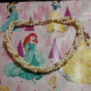 Classic  16 Inch Pearl and Gold Bead Choker Necklace - White/Gold. Unisex.